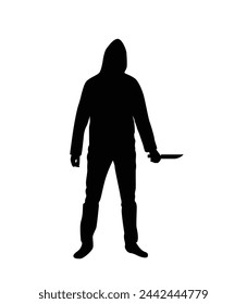 Kriminelle in einem Hoodie mit einem Messer Silhouette. Kriminalität und Gefahr Konzeptvektor