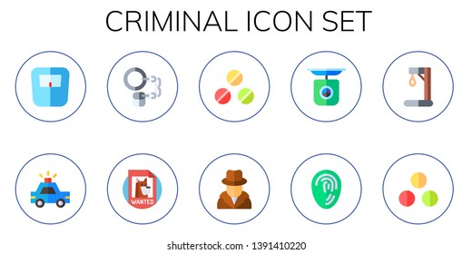 criminal icon set. 10 flat criminal icons.  Simple modern icons about  - scale, police car, handcuffs, wanted, ammunition, detective, fingerprint, gallow