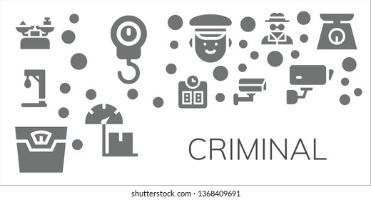 criminal icon set. 11 filled criminal icons.  Collection Of - Scale, Gallow, Cctv, Police, Invisible man