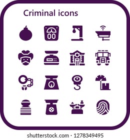 criminal icon set. 16 filled criminal icons. Simple modern icons about  - Attack, Scale, Gallow, Cctv, Bandit, Police, Jury, Handcuffs, Prisioner, Fingerprint