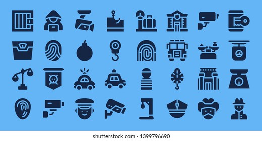 criminal icon set. 32 filled criminal icons. on blue background style Collection Of - Jail, Scale, Fingerprint, Hacker, Jolly roger, Security camera, Cctv, Attack, Police car