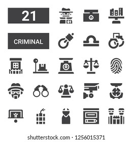 criminal icon set. Collection of 21 filled criminal icons included Jail, Evidence, Criminal, Dynamite, Penalty, Scale, Cctv, Handcuffs, Heisenberg, Fingerprint, Prison, Libra