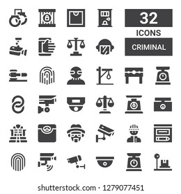 criminal icon set. Collection of 32 filled criminal icons included Scale, Cctv, Fingerprint, Evidence, Burglar, Heisenberg, Police, Weighing scale, Justice, Handcuffs, Punishment