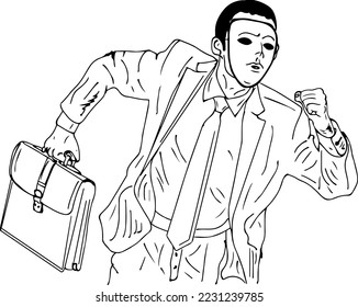 Criminal illustration of thief characters, Thief stealing briefcase and running sketch drawing vector, thief in mask clip art, cartoon drawing of criminal running