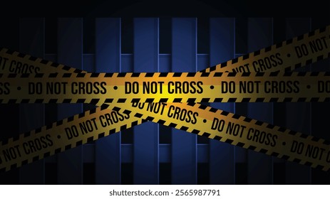 Criminal investigation concept. Police line across the fence. A forensic illustration with Do Not Cross tape
