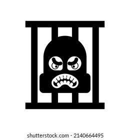 Criminal in jail icon. Bandit in prison sign.