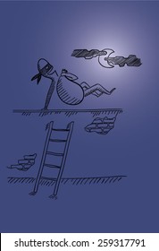 A criminal jumping over the wall after stealing a full bag of things. A scene in the moonlight. EPS10 vector illustration