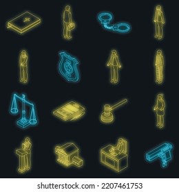 Criminal Justice Icons Set. Isometric Set Of Criminal Justice Vector Icons Neon Color On Black