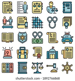 Criminal justice icons set. Outline set of criminal justice vector icons thin line color flat on white
