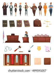 Criminal justice retro cartoon icons collection with law books jury box judge and courtroom isolated vector illustration 