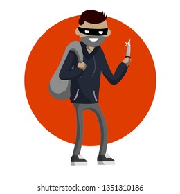 Criminal With Knife And Money Bag. Robber In Dark Clothes In Red Circle. Bank Robbery And Cash Theft. Problem And Threat To Urban Security. Dangerous Man In Black Mask. Cartoon Flat Illustration. 