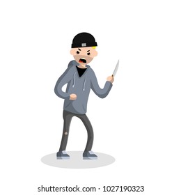 Criminal with a knife. a robber with a deadly weapon. extortionist money in a gray sweatshirt. the requirement of payments by the bandit. dangerous situation. Trouble - Cartoon flat illustration
