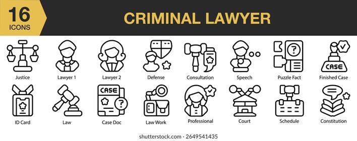 Conjunto de ícones do Advogado Criminal. Inclui direito, justiça, criminal, advogado, tribunal e muito mais. Contornar coleção de vetores de ícones.