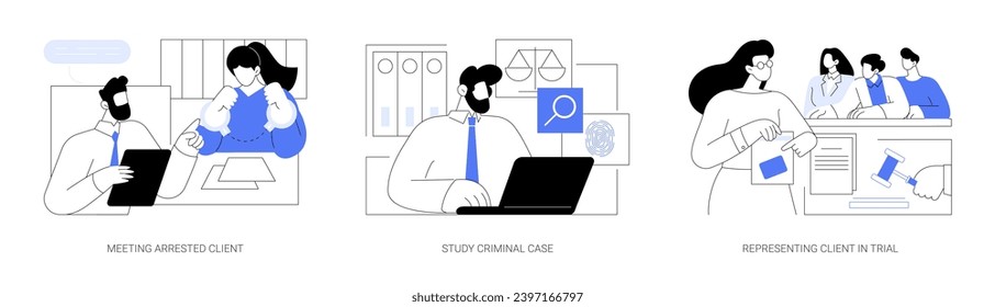 Criminal lawyer isolated cartoon vector illustrations set. Professional lawyer talks with arrested person in prison, study criminal case, represent client in trial, defend in court vector cartoon.