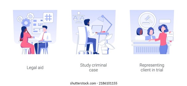 Criminal Lawyer Isolated Concept Vector Illustration Set. Legal Aid, Study Criminal Case, Representing Client In Trial, Presumption Of Innocence, Evidence In Court Vector Cartoon.