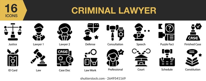 Criminal Lawyer solid icon set. Includes legal, law, justice, criminal, lawyer, court, and More. Solid icons vector collection.