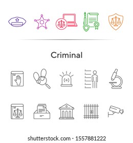 Criminal line icon set. Arrest warrant, sheriff badge, criminal code. Justice concept. Can be used for topics like investigation, court, crime