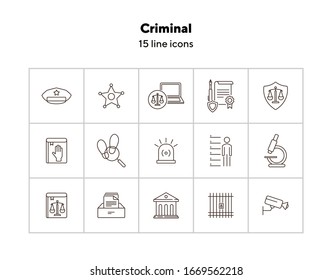 Criminal line icon set. Arrest warrant, sheriff badge, criminal code. Justice concept. Can be used for topics like investigation, court, crime