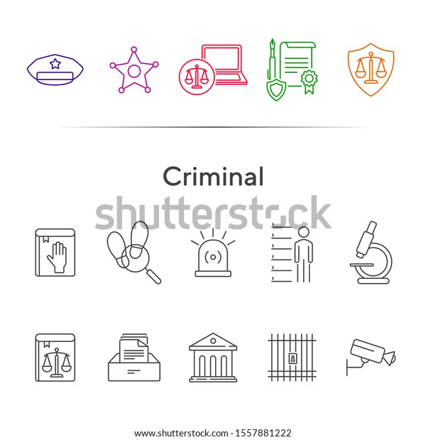 Criminal line icon set. Arrest warrant, sheriff\
badge, criminal code. Justice concept. Can be used for topics like\
investigation, court,\
crime
