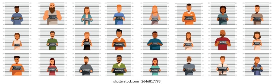  Definição de ícones de linha criminais. Grupo de criminosos diversos posando para tiros de canhão com placas de identificação em uma delegacia