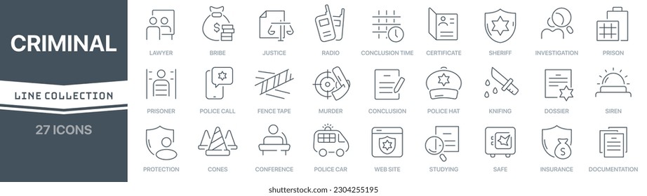 Criminal linear signed icon collection. Signed thin line icons collection. Set of criminal simple outline icons