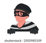 Criminal looking out of corner vector isolated. Illustration of a thief hiding behind the wall. Dangerous character in mask.