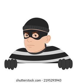Criminal looking out of corner vector isolated. Illustration of a thief hiding behind the wall. Dangerous character in mask.