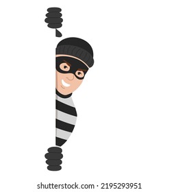 Criminal looking out of corner vector isolated. Illustration of a thief hiding behind the wall. Dangerous character in mask smirks.