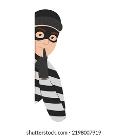 Criminal looking out of corner vector isolated. Illustration of a thief hiding behind the wall. Dangerous character in mask with finger at lips, making a silent gesture.