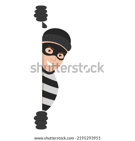 Criminal looking out of corner vector isolated. Illustration of a thief hiding behind the wall. Dangerous character in mask smirks.