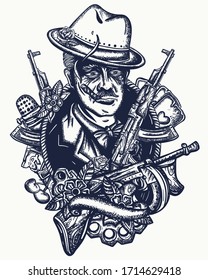 Criminal Mafia Boss Portrait. Gangster Leader. Crime Man Smokes Cigar, Weapons, Playing Cards. Old Noir Detective Movie Art. Retro Romantic Film Person. Tattoo And T-shirt Design 