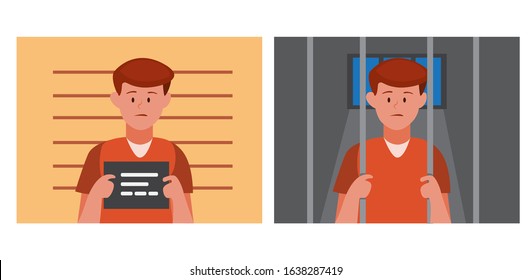 criminal man in identity room and inside to cell prison, man in jail scene set cartoon flat illustration vector