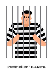 Criminal man in jail, man under arrest, behind bars, vector illustration