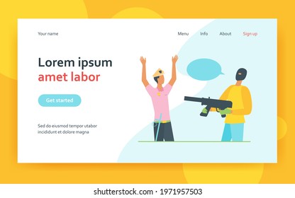 Criminal Man In Mask Pointing Gun Weapon At Police Officer. Policeman Person Holding Hands Up Flat Vector Illustration. Crime Concept For Banner, Website Design Or Landing Web Page