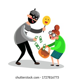 Criminal Man Scam Older Woman Vector. Bandit Thief Holding Smile Scam Money Scared Elderly Senior Person, Robber And Old Lady. Fraud And Robbery Crime Flat Cartoon Illustration