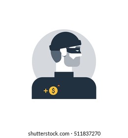 Criminal man side view, thief turned head, outlaw person. Flat design vector illustration. Male character turned head