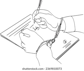 Criminal Man Signing Document in Police Interrogation Room, Handcuffed Man's Confession: Interrogation Room Sketch, Police Investigation Scene: Criminal Signing Statement