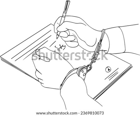 Criminal Man Signing Document in Police Interrogation Room, Handcuffed Man's Confession: Interrogation Room Sketch, Police Investigation Scene: Criminal Signing Statement ストックフォト © 