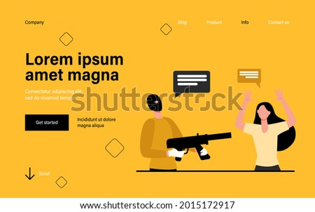 Criminal in mask aiming gun at scared victim. Woman raising arms and talking to offender flat vector illustration. Robbery, hostage taking concept for banner, website design or landing web page
