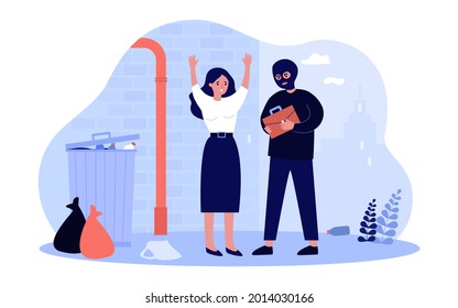 Criminal in mask holding bag of scared woman in alleyway. Dangerous thief stealing purse near trash can flat vector illustration. Crime, safety concept for banner, website design or landing web page