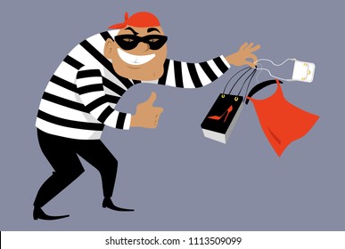 Criminal in a mask selling counterfeit goods, EPS 8 vector illustration