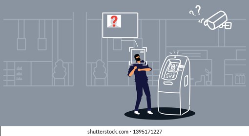 criminal masked thief trying broke ATM security protection against fraud identification facial recognition concept security camera surveillance cctv system sketch doodle full length horizontal