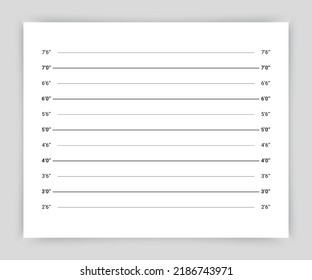 Criminal measurements template. Lineup backdrop. Police wanted picture with lines in inches. Mugshot board. Mug shot background. Criminal measuring concept. Vector illustration. Identification frame