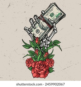 Criminal money colorful vintage emblem with dollars in bony skeleton hand and roses for gangster clothing design vector illustration