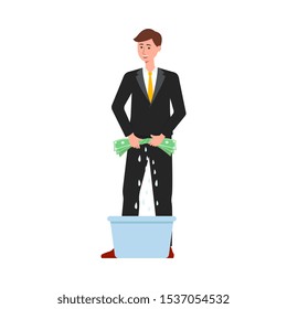 Criminal money laundering icon with bandit washing banknotes cartoon flat vector illustration isolated on white background. Financial fraud concept and tax evasion.