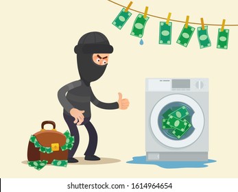 Criminal money laundering. Offender launders illegally earned money. Tax evasion and illegal profit. Criminal washes banknotes in washing machine. Vector illustration, flat cartoon style, isolated.