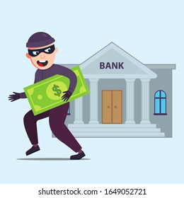 the criminal with money runs out of the bank that robbed. Flat character vector illustration.