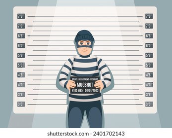 Criminal mugshot. Cartoon thief character in striped outfit, holding police department records sign with number on height chart background. Crime and law vector illustration of criminal prisoner crime