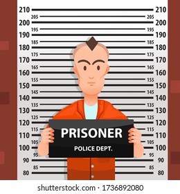 Criminal mugshot front view with height chart behind