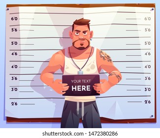 Criminal mugshot front view on measuring scale background in police station. Arrested man gangster holding board with copy space in hands posing for identification photo. Cartoon vector illustration